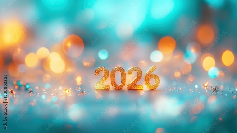 Poster 2026 celebration setup with sparkling numbers on a festive backdrop