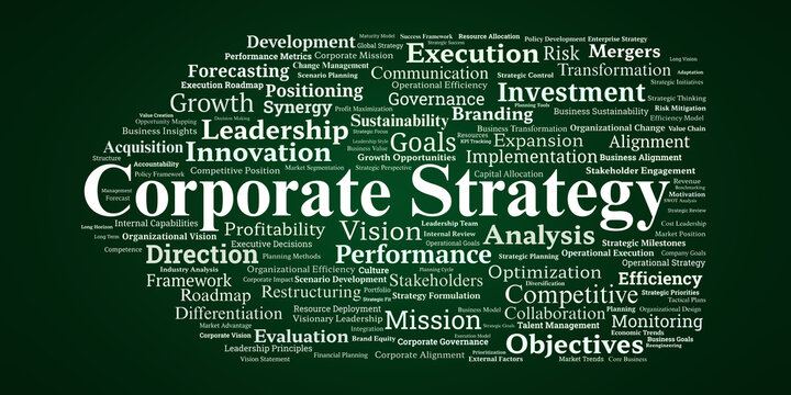 Corporate Strategy Word Cloud. Key Concepts And Elements For Strategic Business Planning