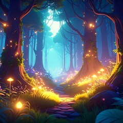 Mystical Forest with Glowing Plants in Anime Aesthetic