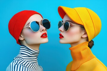 Two stylish women face each other with bright clothes and retro sunglasses. It can be used for fashion, advertising, or trendy artistic projects.