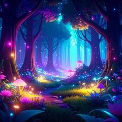 Mystical Forest with Glowing Plants in Anime Aesthetic