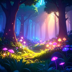 Mystical Forest with Glowing Plants in Anime Aesthetic