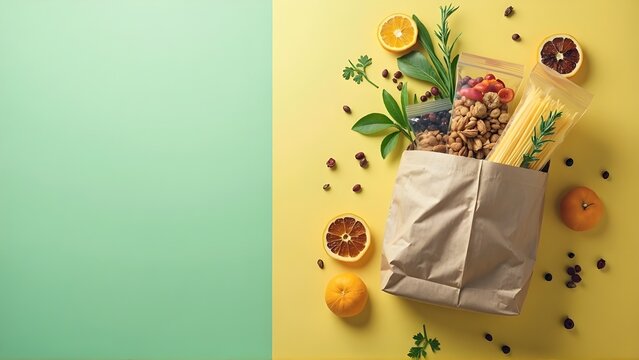 A Modern Minimalistic Grocery-Themed Flat Lay Fresh Produce and Pantry Staples