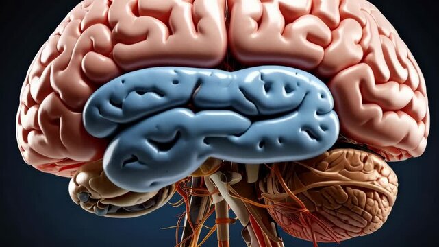 Detailed human brain anatomy with cerebrum, cerebellum, and brainstem structures in pastel colors and internal wiring illustration