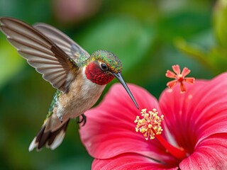 Close-up of iridescent hummingbird hovering near red hibiscus flower, wings frozen mid-flight, soft natural lighting, extremely detailed feathers, Ai Generate.