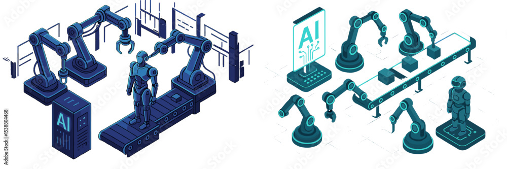 Poster robotic assembly line demonstrating advanced technology in manufacturing processes and artificial in