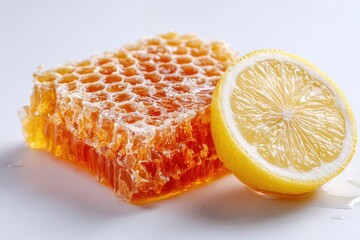 Golden honeycomb and a lemon half, glistening with moisture, rest on a bright white surface
