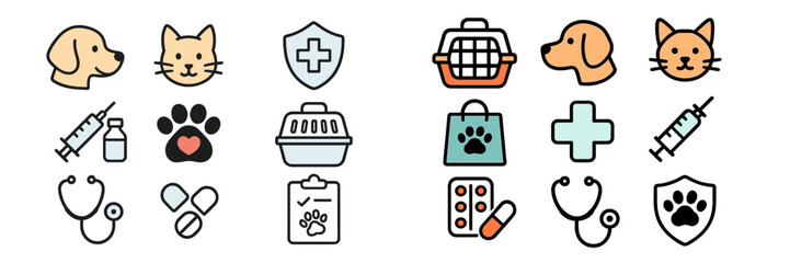 Pet care icons depicting various activities and supplies for dogs and cats at an animal clinic