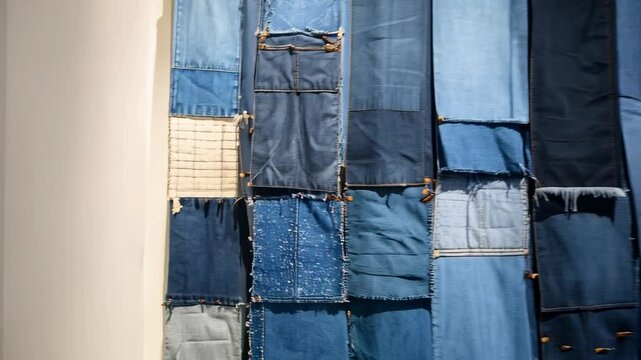 Denim Fabric Wall Hanging Installation featuring patchwork, layers and textured textile art pieces in shades of indigo and blue