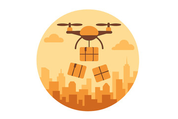Drone delivers packages over a city skyline during sunset in a vibrant urban environment