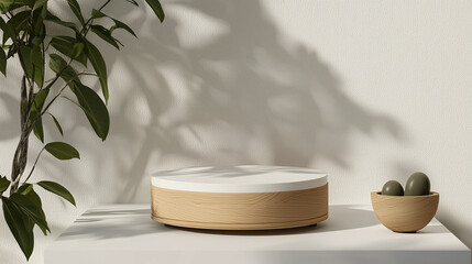 Minimalist wooden podium with clean layered design on ivory background, accompanied by small wooden bowl with decorative objects and leafy plant shadows creating calm atmosphere