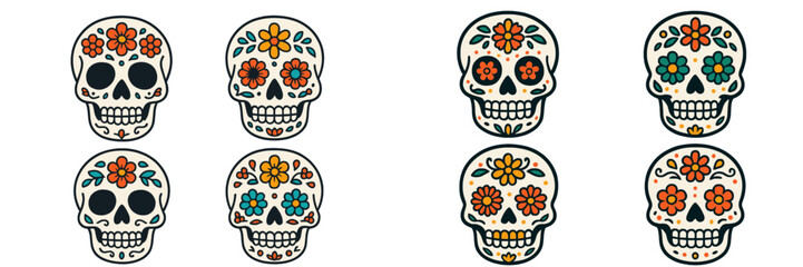 Colorful decorative skulls with floral designs celebrating cultural traditions and artistry in a vibrant arrangement