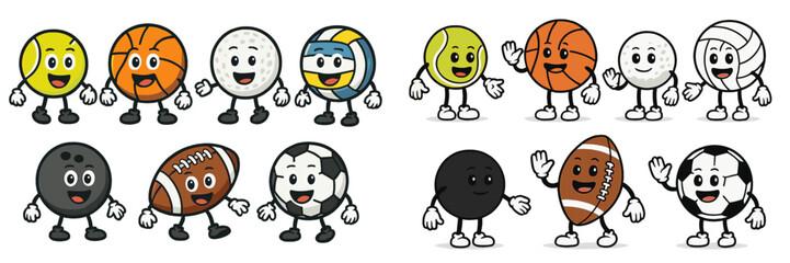 Colorful cartoon sports characters wave and smile at various games and activities in a playful group setting