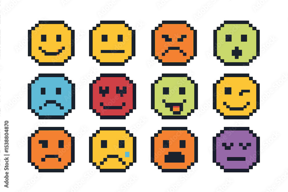 Poster colorful pixel art faces expressing various emotions in a grid pattern on a white background