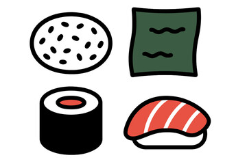 Various styles of sushi and sushi ingredients displayed on a minimalist background in a modern culinary setting