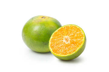 Whole and Sliced Green Tangerine Orange Fruit Isolated on a White Background
