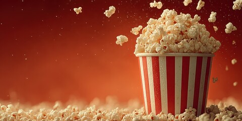 Popcorn overflowing from a striped bucket with kernels in the air against a warm background