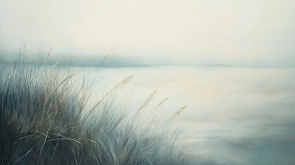 Tranquil Misty Landscape with Soft Grasses by the Water's Edge at Dawn