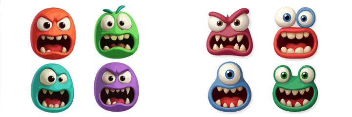 Colorful cartoon monster characters with expressive faces in various emotions and poses suitable for animation