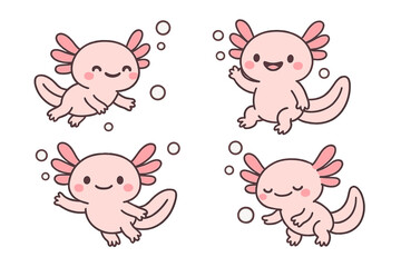 Cute cartoon axolotls swimming joyfully in bubbles, showcasing playful expressions and friendly gestures