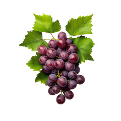 Fresh red grapes with green leaves on white background