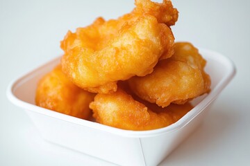 A white bowl with fried food in it