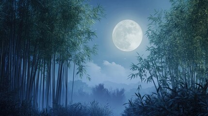 Serene Moonlit Night Over Tranquil Bamboo Forest with Soft Blue Hues and Dreamy Clouds in the Sky