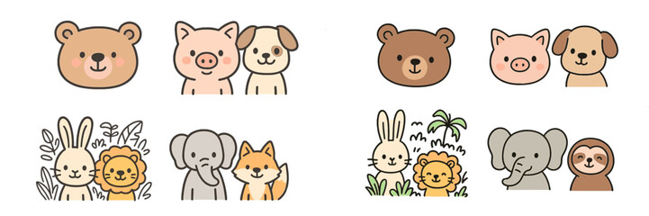 Cute animal illustrations featuring bears, pigs, dogs, rabbits, and elephants in playful groupings suitable for children