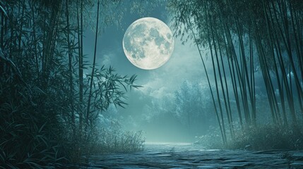 Tranquil Night Scene with Full Moon Illuminating Serene Bamboo Forest and Calm Water Reflection at Dusk