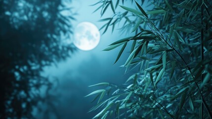 Tranquil Bamboo Forest Under Full Moonlight with Misty Atmosphere