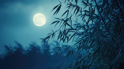 Tranquil Night Scene with Full Moon and Bamboo Silhouettes under a Soft Blue Sky