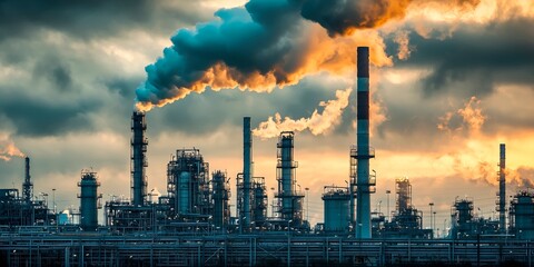 Industrial oil refinery with multiple chimneys emitting smoke at sunset - industrial pollution and petroleum industry concept