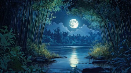 Serene Night Scene with Full Moon and Bamboo Forest Reflection on Calm Water Surface