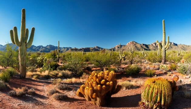 great desert landscape in arizona with lots of cactus plants and clear blue sky
