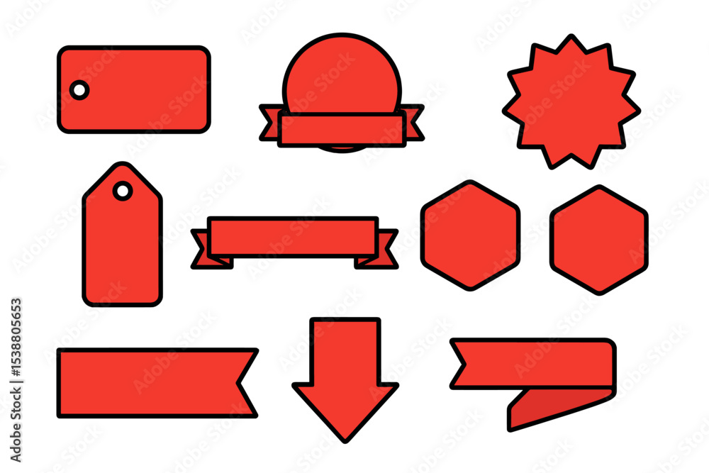 Poster collection of red labels and banners in various shapes for design use