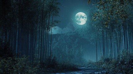 Serene Moonlit Pathway Through Bamboo Forest Under Bright Full Moon