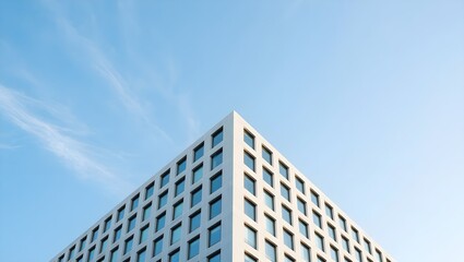 Obraz premium Modern Architecture: Corner Building against Blue Sky