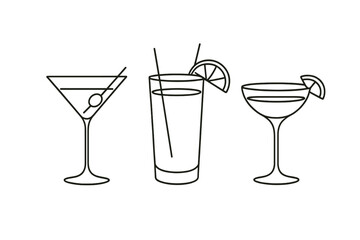 Stylish cocktail illustrations featuring a martini, a refreshing beverage, and a margarita on a minimalist design