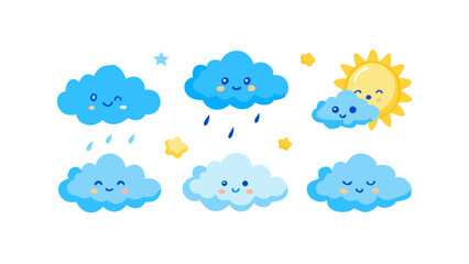 Bright and cheerful blue cloud icon set featuring various playful cloud shapes, raindrops, lightning, sun, rainbows, and dreamy moons.