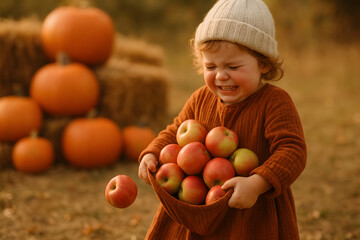 Young girl holding apples with a joyful expression in pumpkin patch  