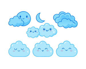 Bright and cheerful blue cloud icon set featuring various playful cloud shapes, raindrops, lightning, sun, rainbows, and dreamy moons.
