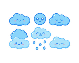 Obraz premium Bright and cheerful blue cloud icon set featuring various playful cloud shapes, raindrops, lightning, sun, rainbows, and dreamy moons.