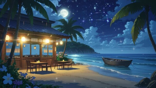 Cozy beachside restaurant under full moon with glowing lanterns, calm sea, starry sky, and tropical vibe. Peaceful anime-style night scenery perfect for relaxation and summer themes.

