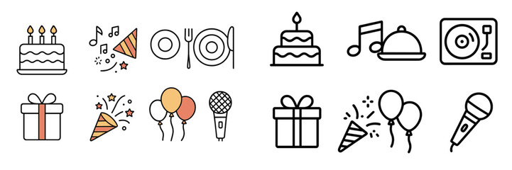 Colorful party icons showcasing celebration elements like cake, gifts, and music for festive occasions