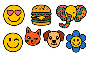 Colorful cartoon stickers featuring animals, food, and cheerful emojis arranged playfully on a white background
