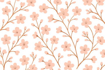 Delicate pink cherry blossom pattern on a soft white background creating a serene and elegant atmosphere in springtime