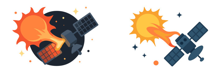 Creative artwork featuring satellites interacting with the sun, demonstrating space dynamics and solar activity in an imaginative style
