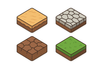Variety of terrains represented in colorful block designs for creative projects and game development