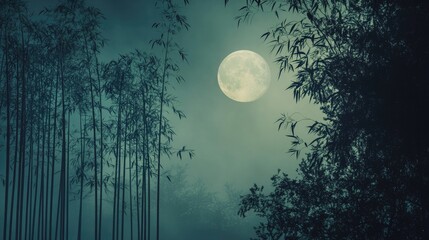 Serene Moonlit Night Over a Bamboo Forest with Ethereal Fog and Tranquil Atmosphere in Soft Blue Tones