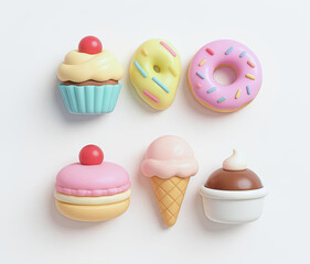 3D kawaii dessert icon set featuring cupcake, donut, macaron, ice cream cone, and pudding, pastel colors and glossy texture, arranged in 3 rows on white background, Ai Generate.